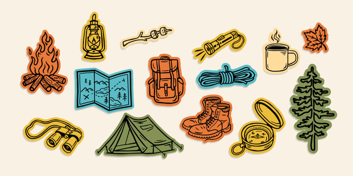 Hand-drawn outdoor adventure icons with camping gear, campfire, tent, backpack, compass, binoculars, lantern, rope, hiking boots and forest elements in a playful vector style.