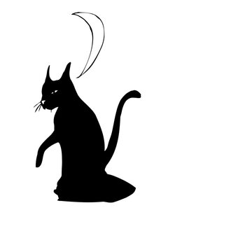 Black silhouette cat sitting with arched back and swirling tail in minimalist composition