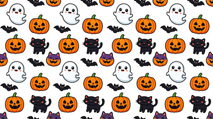 Fototapeta premium Cute Halloween seamless pattern with pumpkins, ghosts, cats, and bats