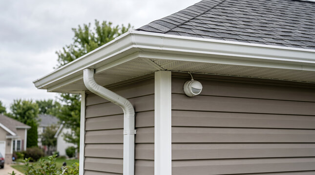 Corner of a suburban house with taupe horizontal vinyl siding, white gutters, downspout, and a round motion-sensor security light under the eaves
