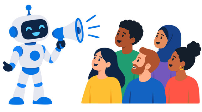 Friendly Robot with Megaphone Communicating to Diverse Group of People Artificial Intelligence Technology Flat Vector Illustration - professional high resolution detailed commercial stock imagery