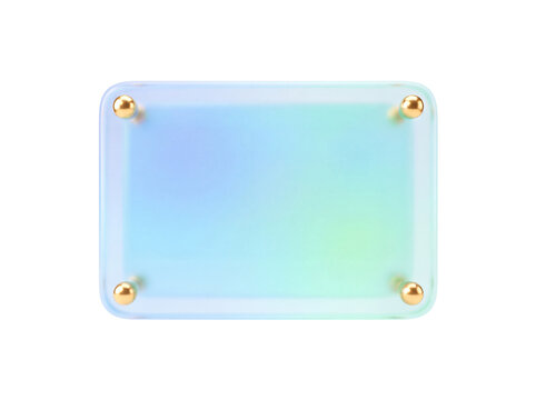 3D frosted glass plate with gold bolts isolated on transparent background