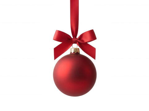 Matte red Christmas bauble ornament with matching bow isolated transparent