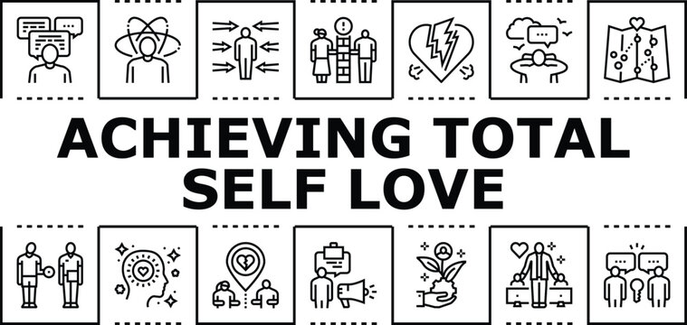 Achieving total self love banner infographic. Affirmation peace, kindness acceptance, authenticity growth icon vector illustration