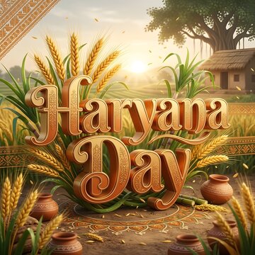 Haryana day celebration featuring golden 3d typography surrounded by wheat stalks and traditional rural elements with a beautiful sunrise background in an indian village