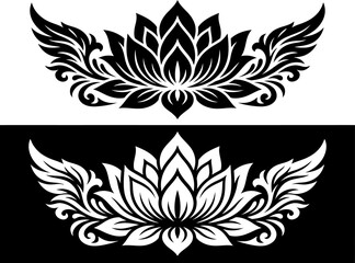 Fototapeta premium Black and white decorative lotus flower illustration with ornate wing motifs for tattoo or graphic design