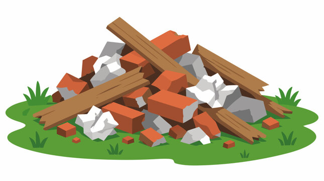 Vector illustration of construction debris pile with broken red bricks wooden planks and crumpled rubble dumped illegally on green grass in city park flat colors environmental pollution concept