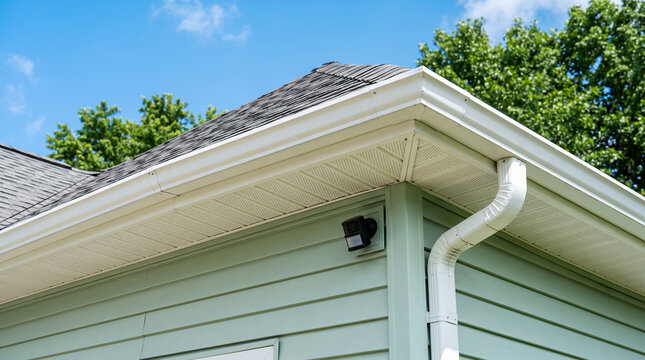 Exterior corner of a house with light green horizontal siding, white soffit, fascia, gutter, downspout, and a black outdoor security camera
