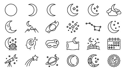 Obraz premium Celestial Moon and Night Sleep Icon Set with Crescent Phases, Stars, Telescope, Mountains, Pillow, and Planet Outline Symbols for Horoscope Apps and Graphic Designs