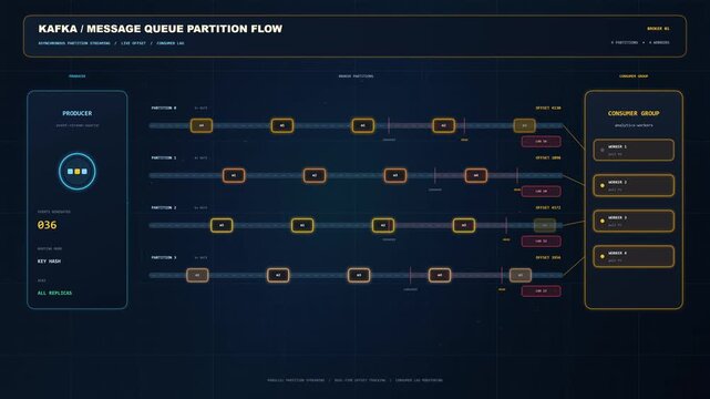 Dashboard interface visualizing a message queue partition flow and data stream architecture.