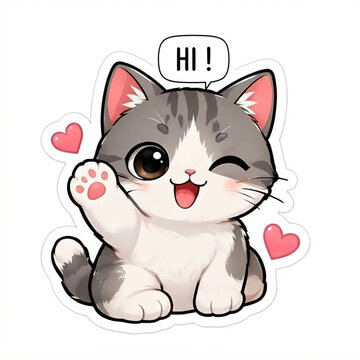 Cute grey and white cat winking, waving paw with Hi speech bubble vector sticker