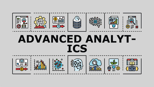 Advanced analytics banner infographic. Patterns insights, inference algorithm, data forecasting icon vector illustration