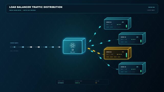 Abstract illustration of load balancer traffic distribution in a computer network system.