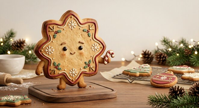 
Cute snowflake cookie character with red ribbon