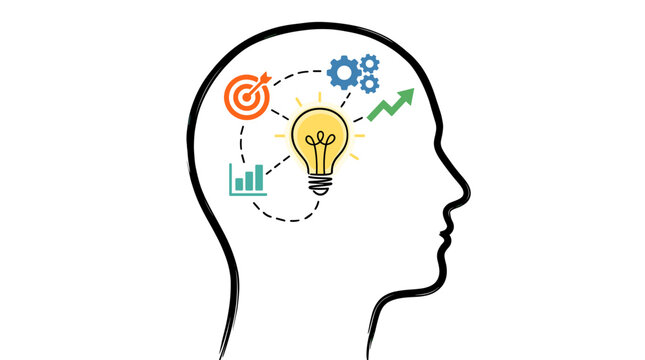 Conceptual Illustration of a Human Head Silhouette with Business Icons like Lightbulb, Gears, Target, and Growth Arrow Representing Innovation, Brainstorming, and Strategic Thinking.