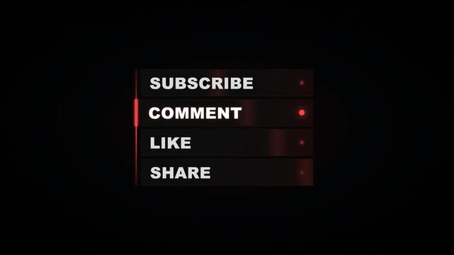 Animated social media engagement buttons for subscribe, comment, like, and share on a dark background.