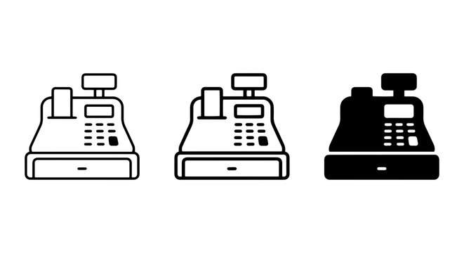 Retro Cash Register Icons, Vintage Calculator Machine Graphics, Classic Retail POS System Vector Set
