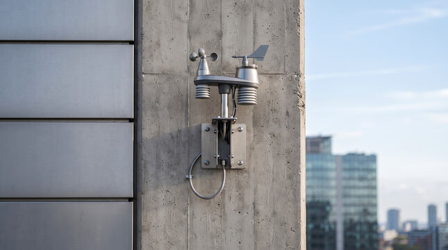 Weather monitoring sensor with anemometer and wind vane mounted on a grey concrete building facade, urban skyline background