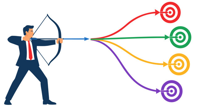 Skilled businessman in navy suit aiming an archery bow releasing an arrow splitting into four colorful paths hitting multiple bullseye targets in corporate strategy vector illustration