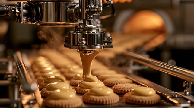 Automated food production line filling cookies with sweet cream frosting in a modern factory