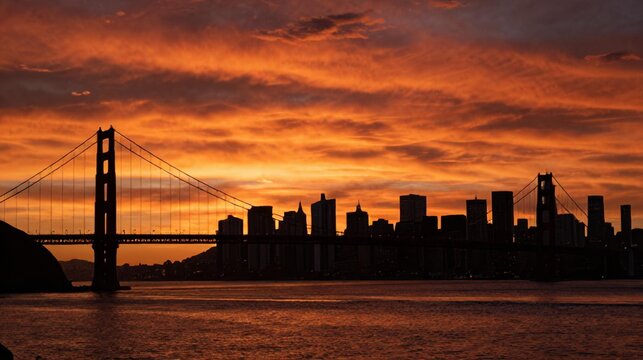 City Skyline Golden Gate Bridge Sunset Silhouette