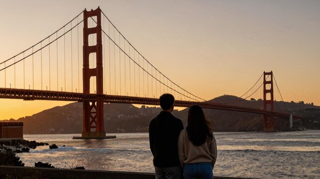 Couple Overlook Golden Gate Bridge Sunset