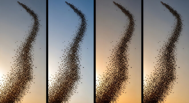 A quadriptych of a blooming plant stem displaying subtle shifts in light and color