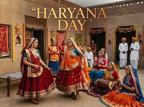 A vibrant and joyous celebration of haryana day showcasing traditional indian dancers in colorful attire performing with energy in a rustic village environment