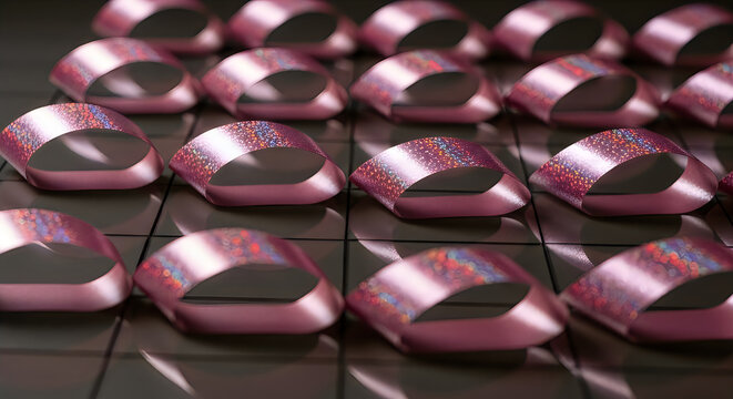 A grid of shiny pink metallic objects arranged perfectly to represent an entire month of daily scheduled tasks