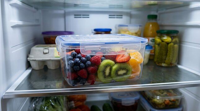 Fresh fruit mix in a plastic container sitting on a refrigerator shelf inside a cold home kitchen. spill-resistant containers