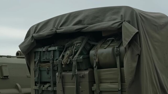 Olive drab armored vehicle carries secured storage boxes, canisters, rope and strapped equipment beneath raised canvas cover as side framing gradually moves closer against overcast sky