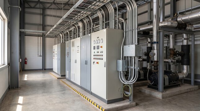 Industrial control cabinet system in a modern facility with electrical conduits and mechanical heat pump equipment