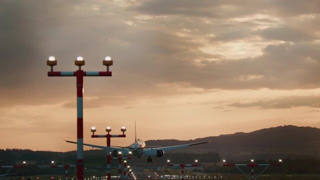 Passenger airplane lands on an airport runway. Jet airliner landing on runway with tire smoke rising at touchdown