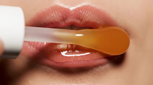 Close up of hydrating overnight lip mask being applied to plump lips with soft silicone brush applicator for intense lip moisture and hydration care
