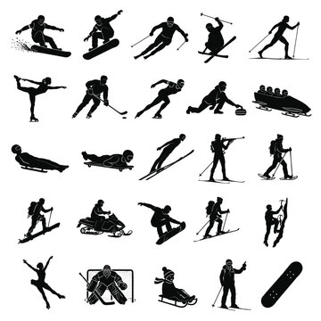 25 black vector silhouettes of winter sports icons, featuring skiing, snowboarding, ice skating, hockey, curling, bobsled, luge, ski jumping, biathlon, snowmobiling and ice climbing. 