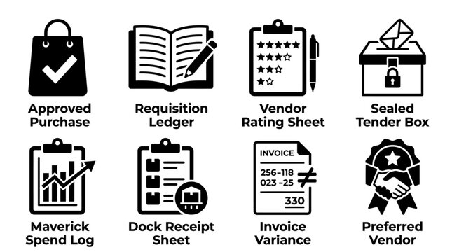 Set of business accounting and procurement icons featuring requisitions vendor ratings invoice tracking procurement accounting requisition purchase tracking business logistics management