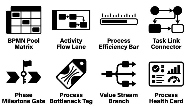 Business process management icons set showing workflow metrics and task visualization elements with workflow management efficiency milestone bottleneck business planning strategy analysis