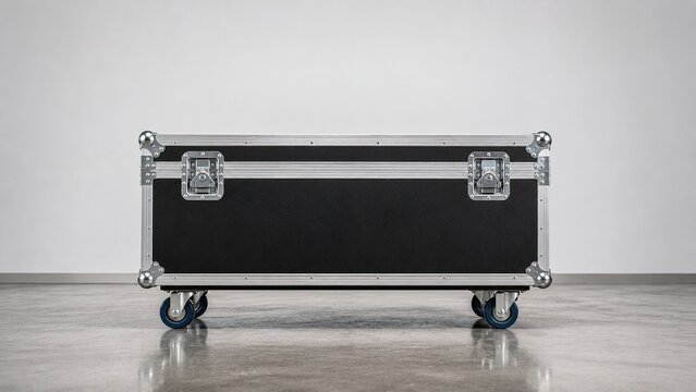 Black protective flight case for professional equipment featuring reinforced metal construction, secure latches and heavy duty caster wheels.
