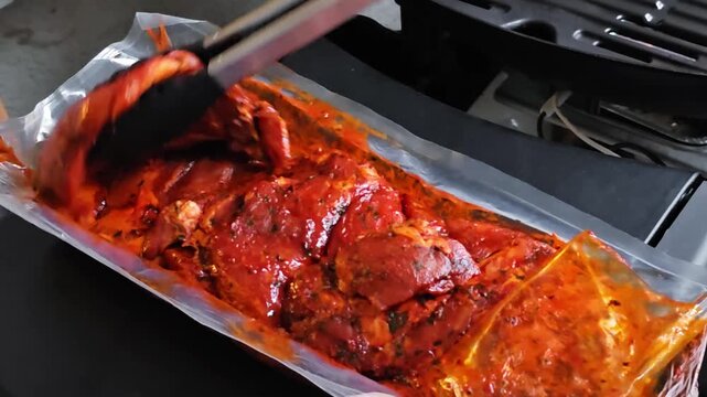 Man removing a marinated beef steak from its packaging and placing it onto a hot barbecue grill