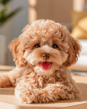 Adorable Fluffy Toy Poodle Puppy with Happy Expression Indoors