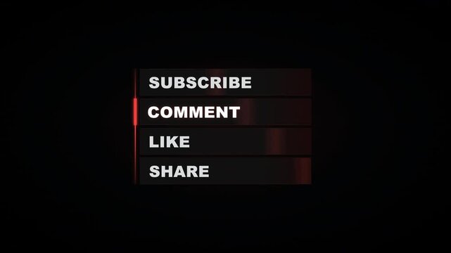 Animated social media call to action stack with subscribe comment like and share buttons on black background.