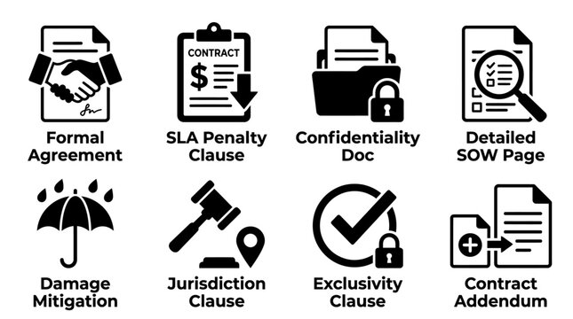 Set of legal agreement contract and compliance black and white vector icons with agreement contract document business confidentiality mitigation jurisdiction exclusivity addendum handshake