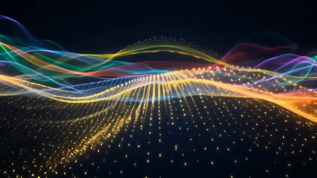 Abstract glowing colorful particle waves flowing through dark digital space in this seamless motion video footage