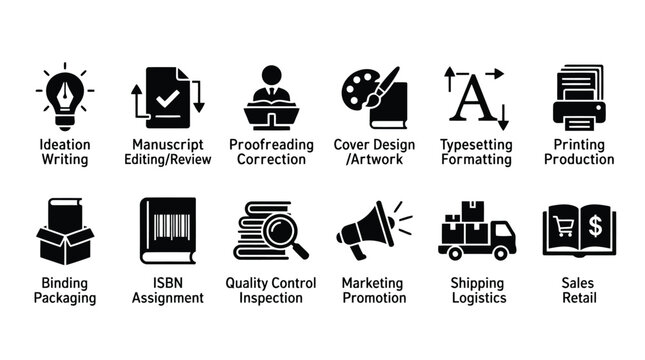 Book publishing process workflow icons set black and white isolated on white background