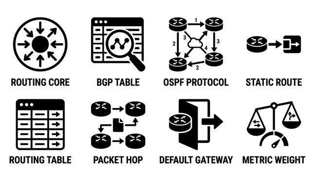 Routing protocol and network architecture configuration control icons with protocol configuration architecture infrastructure technology algorithm selection management transfer information
