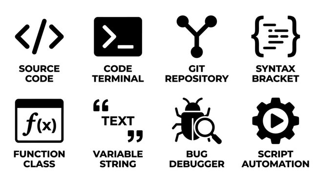 Software development and programming language syntax icons set in minimalist black style with programming software development terminal repository function variable debugger automation