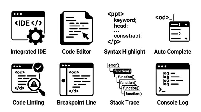 Integrated development environment and software coding workflow icons in black style with software development highlight autocomplete breakpoint programming environment application platform