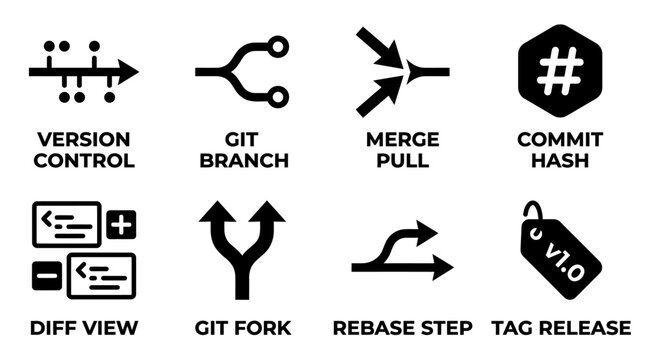 Set of black and white icons representing version control git branch merge pull commit hash diff view git fork rebase step tag release operations with software development programming repository