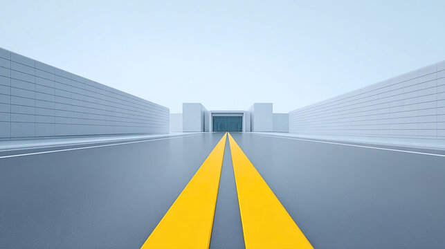 Straight Road into a Modern City: A symmetrical perspective of an empty asphalt road with double yellow lines leads towards a futuristic city entrance under a clear sky.
