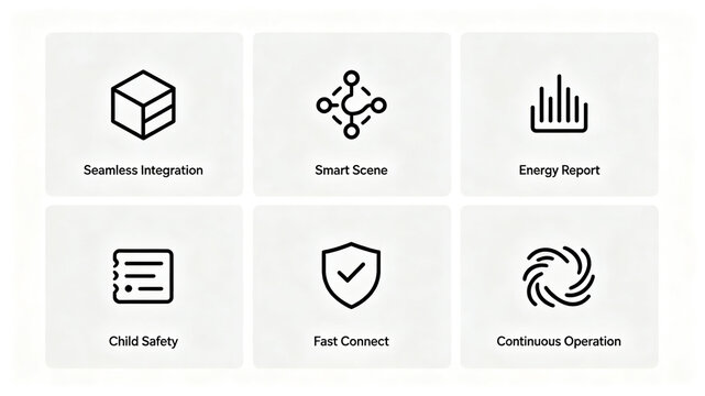 Linear smart home system icon, representing scene linkage and energy consumption monitoring, suitable for e-commerce selling point modules and brand promotion posters.

